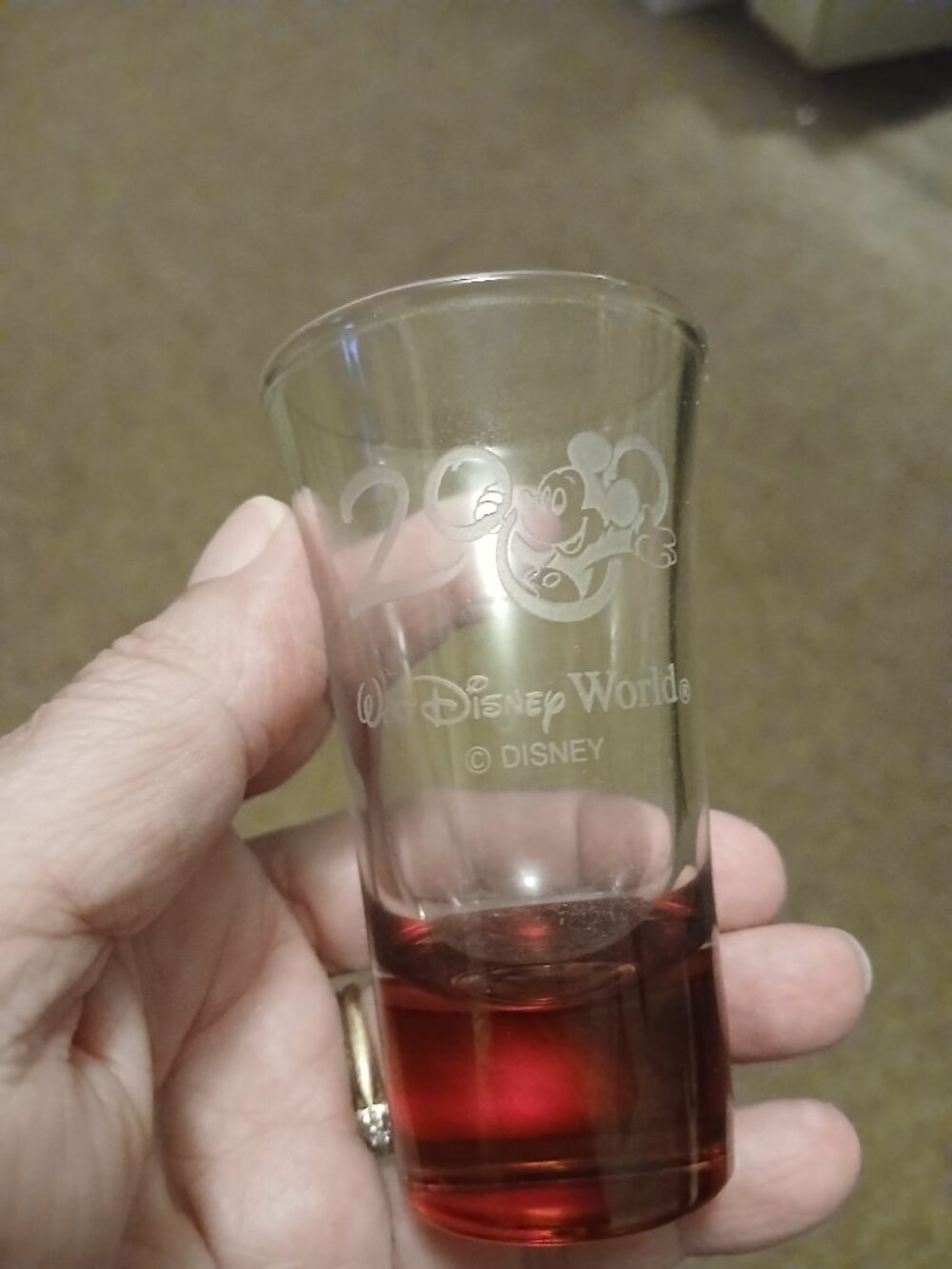 Walt Disney World 2000 Etched Red Tinted Tall Shot Glass - 3.5" Tall